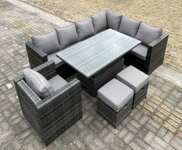 Fimous 7 Seater Outdoor Dark Grey Rattan Lounge Complete Sofa Set with Adjustable Dining Table and 2 Stools