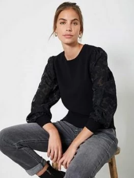 Mint Velvet Burnt Out Woven Puff Sleeve Jumper - Black