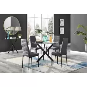 Furniturebox UK - Furniturebox Novara Black Leg 120cm Round Glass Dining Table & 4 Grey Milan Velvet Dining Chairs With Black Legs Diamond Stitch