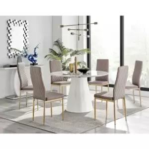 Furniturebox Palma White Marble Effect 120cm Round Minimalist Dining Table & 6 Cappuccino Milan Gold Leg Faux Leather Chairs