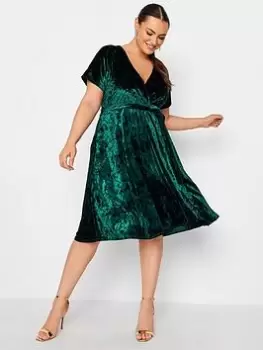 Yours Velvet Wrap Skater Dress, Green, Size 30-32, Women