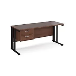 Rectangular Straight Desk Walnut Wood Cable Managed Legs Black Maestro 25 1600 x 600 x 725mm 2 Drawer Pedestal