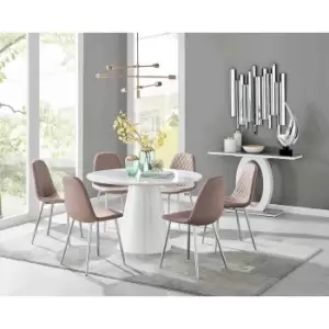 Furniture Box Palma White High Gloss Round Dining Table and 6 Cappuccino Corona Silver Chairs