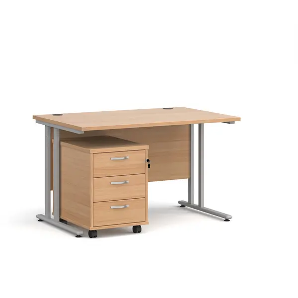 Maestro 25 Straight Desk Silver Frame, Beech Table Top and 3 Drawer Pedestal - 1200mm