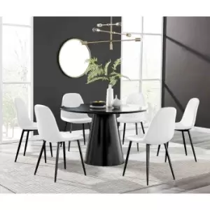 Furniture Box Palma Black Semi Gloss Round Dining Table and 6 White Corona Black Leg Chairs