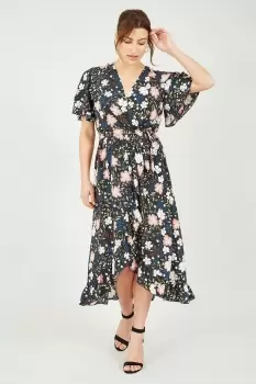 Black Floral Wrap Front Midi Dress