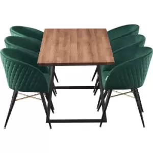 7 Pieces Life Interiors Vittorio Toga Dining Set - an Extendable Brown Rectangular Wooden Dining Table and Set of 6 Green Dining Chairs - Green