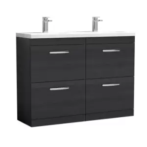 Nuie Athena 1200 Floor Standing 4-drawer Vanity & Ceramic Double Basin - Black Woodgrain