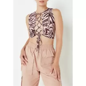 Missguided Tall Swirl Print Lace Up Racer Neck Crop Top - Brown