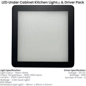 6x MATT BLACK Ultra-Slim Square Under Cabinet Kitchen Light & Driver Kit - Warm White Diffused LED