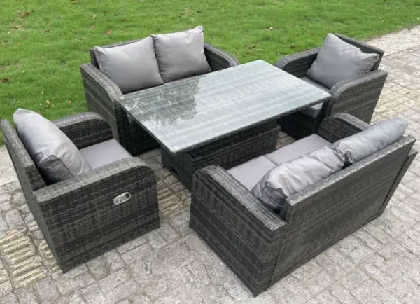 Fimous 6 Seater Outdoor Dark Grey Rattan Lounge Complete Sofa Set with Adjustable Dining Table and Reclining Chairs