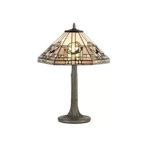 Luminosa Lighting - 2 Light Tree Like Table Lamp E27 With 40cm Tiffany Shade, White, Grey, Black, Clear Crystal, Aged Antique Brass