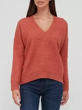 Superdry Studios Slouch V-neck Knit - Burnt Brick, Red, Size 10, Women