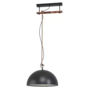 Hanging Ceiling Pendant Light Black & Wood Rope Industrial 1 x 40W E27 Bulb