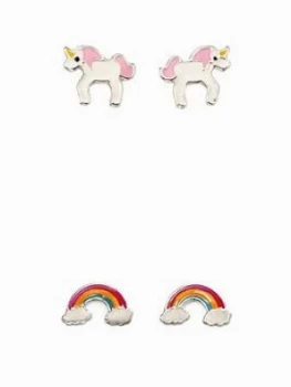 The Love Silver Collection Sterling Silver Childrens 2 Pack Unicorn and Rainbow Stud Earrings, Multi, Women