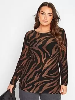 Yours Long Sleeve Mesh Zebra Print Top - Black/Brown, Brown, Size 34-36, Women