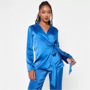 Missguided Satin Tie Side Blazer - Blue