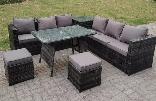 Fimous 6 Seater Outdoor Dark Grey Rattan Lounge Sofa Complete Set with Dining Table, and 2 Stools