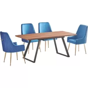 5 Pieces Life Interiors Soho Toga Dining Set - an Extendable Brown Rectangular Wooden Dining Table and Set of 4 Blue Dining Chairs - Blue