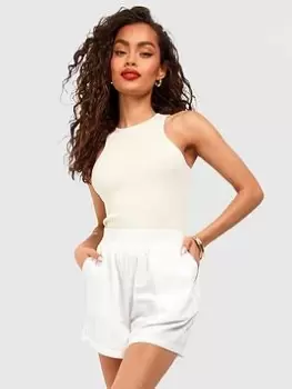 Boohoo Racer Neck Rib Knit Crop Top - Ecru, Cream, Size L, Women