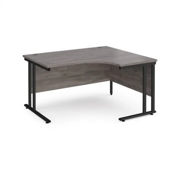 Maestro 25 right hand ergonomic desk 1400mm wide - Black cantilever leg frame, grey oak top