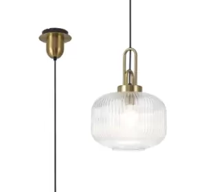 1 Light Pendant E27 With 30cm Pumpkin Shaped Ribbed Glass, Clear Brass Gold, Matt Black