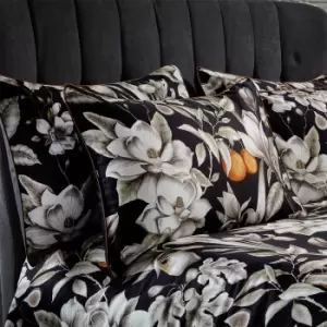 Lavish Floral Printed Piped Cotton Sateen Pillowcase Pair Noir