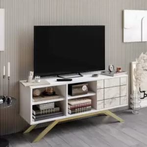 Decorotika North 130 Cm Wide Decorative TV Stand, TV Console, TV Unit With Open Shelves, Cabinet And For Living Room, Bedroom- White And White Marble