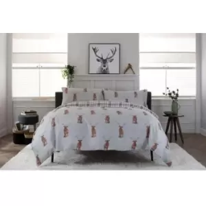 Deyongs Glencoe Stags White Duvet Set - Double, Cotton, Check - White/Brown