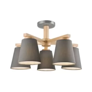 Ellie Multi Arm Semi Flush Ceiling Light, Fabric Shades Gray, 5x E27