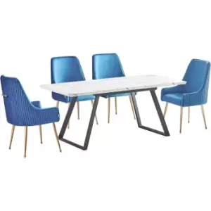 5 Pieces Life Interiors Soho Toga Dining Set - an Extendable White Rectangular Wooden Dining Table and Set of 4 Blue Dining Chairs - Blue