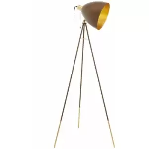 Loops - Tripod Floor Lamp Light Gold Leg & Rust Metal Dome Shade 1 x 60W E27 Bulb