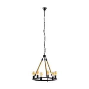 Hanging Ceiling Pendant Light Black & Rope 6x 60W E27 Round Feature Chandelier