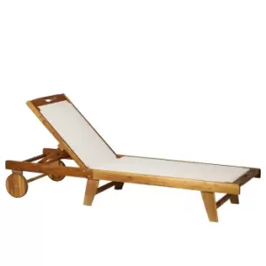 Outsunny Outdoor Acacia Wood Texteline Beach Sun Lounger Garden Patio Sunbed Recliner Chaise Adjustable Backrest with Wheels