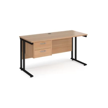 Office Desk Rectangular Desk 1400mm With Pedestal Beech Top With Black Frame 600mm Depth Maestro 25 MC614P2KB