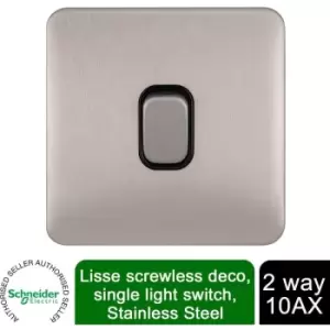 Schneider Electric Lisse Screwless Deco - Single 2 Way Light Switch, 10AX, GGBL1012BSS, Stainless Steel with Black Insert