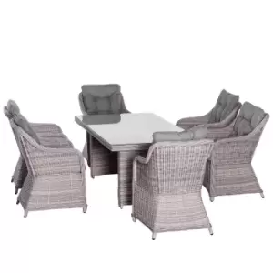 7 Piece Patio Rattan Dining Set with Tempered Glass Table, Grey