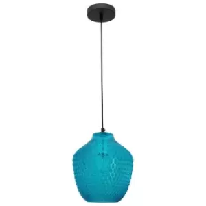 Fulton Dome Pendant Ceiling Light Blue Glass Black Metal LED E27 - Merano