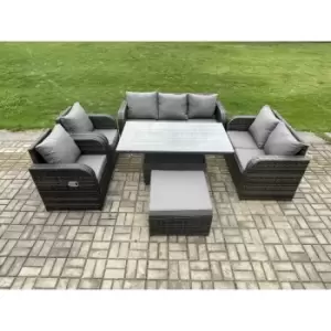 Fimous 7 Seater Dark Grey Outdoor Rattan Dining Sofa Complete Set with Adjustable Table and Big Footstool