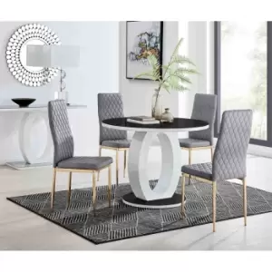 Furniture Box Giovani Round Black 100Cm Table and 4 Grey Velvet Milan Gold Leg Chairs