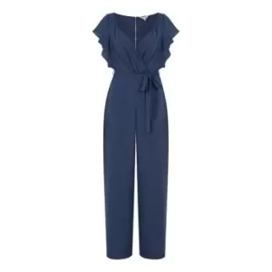 Yumi Navy Wrap Jumpsuit With Ruffle Sleeves - Blue