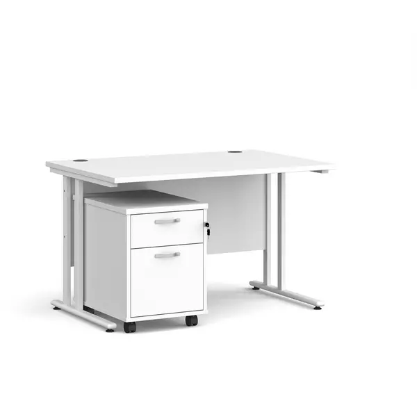 Maestro 25 Straight Desk with White Cantilever Frame and 2 Drawer Pedestal - White - 1200mm x 800mm