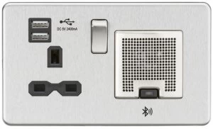 Screwless 13A socket, USB chargers (2.4A) and Bluetooth Speaker - Brushed chrome with Black insert