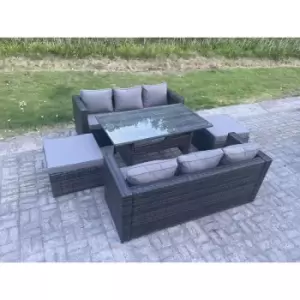 Fimous 6 Seater Outdoor Dark Grey Rattan Lounge Complete Sofa Set with Rectangular Dining Table and 2 Big Footstools