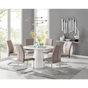 Furniturebox Palma White High Gloss 6 Seat Minimalist Post Modern Round Dining Table & 6 Cappuccino Lorenzo Faux Leather Chairs