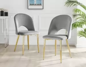 Set of 2 Arlon Elegant Deep Padded Soft Touch Velvet Cutout Back Dining Chair With Gold Chrome Legs