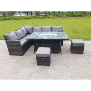 Fimous 6 Seater Outdoor Dark Grey Mixed Rattan High Back Corner Sofa Set with Gas Fire Pit Dining Table and 2 Stools