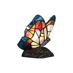 Tiffany Butterfly Table Lamp, 1 x E14, Black Base With Blue, Brown Glass With Clear Crystal