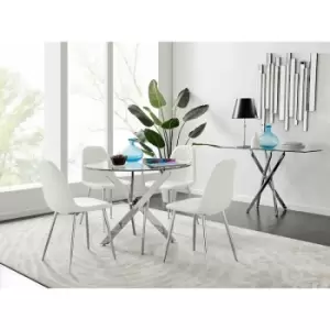 Furniturebox UK - Furniturebox Novara Chrome Metal And Glass 100cm Round Dining Table And 4 White Corona Faux Leather Dining Chairs with Silver Legs