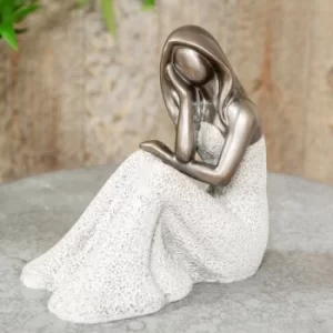 Textured Grey Stone & Silver Finish Lady Sitting Figurine